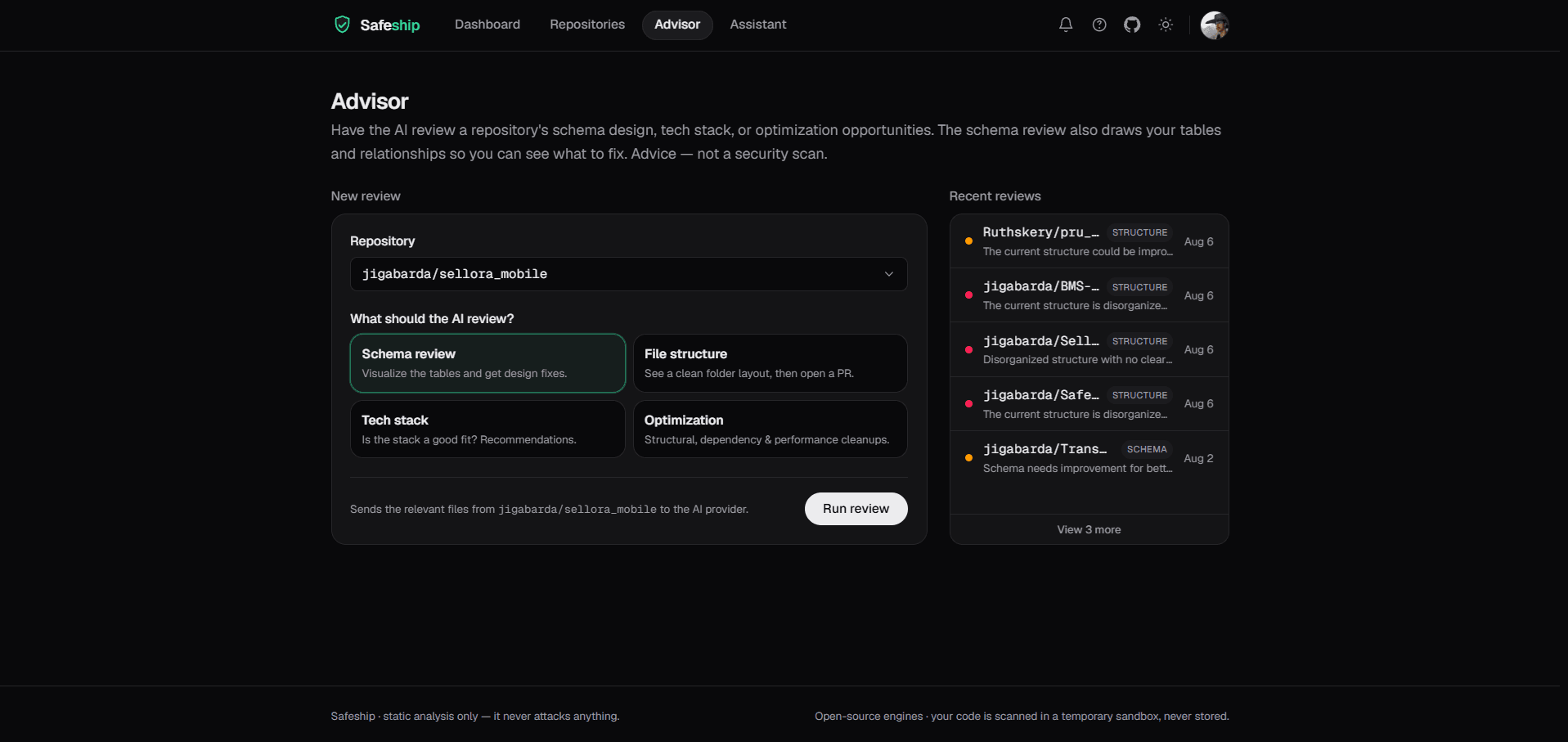 Safeship Advisor page for reviewing a repository's schema, tech stack, and structure