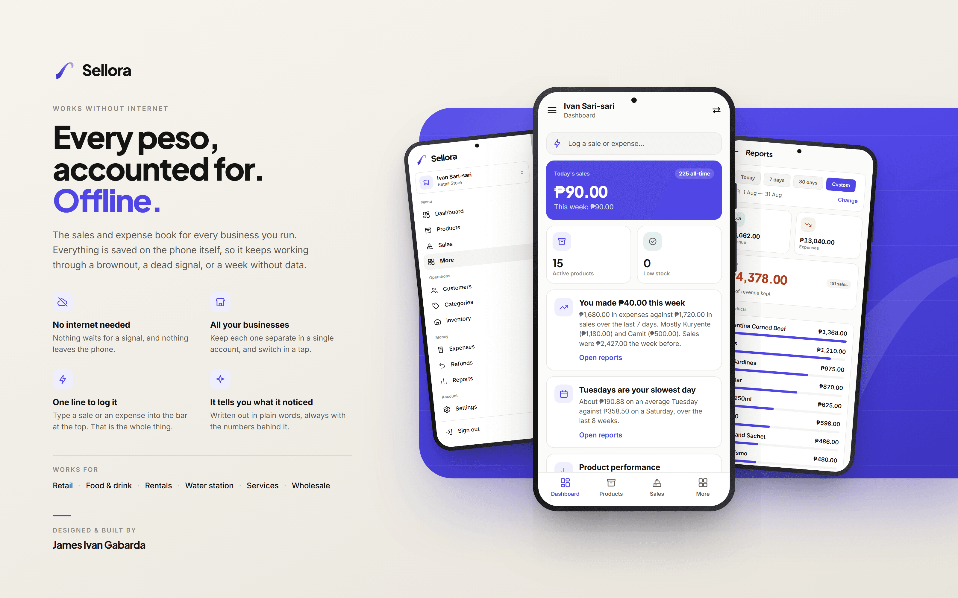 Sellora mobile app on three phones showing the dashboard, menu, and sales reports